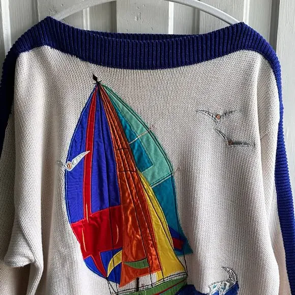 Vintage 80s Sinthia Szato Marisa Christina Sailboat Embellished Sweater - Picture 4 of 10